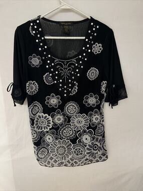 Design Works Blouse Petite Large Black Floral Chiffon Embellished Lined